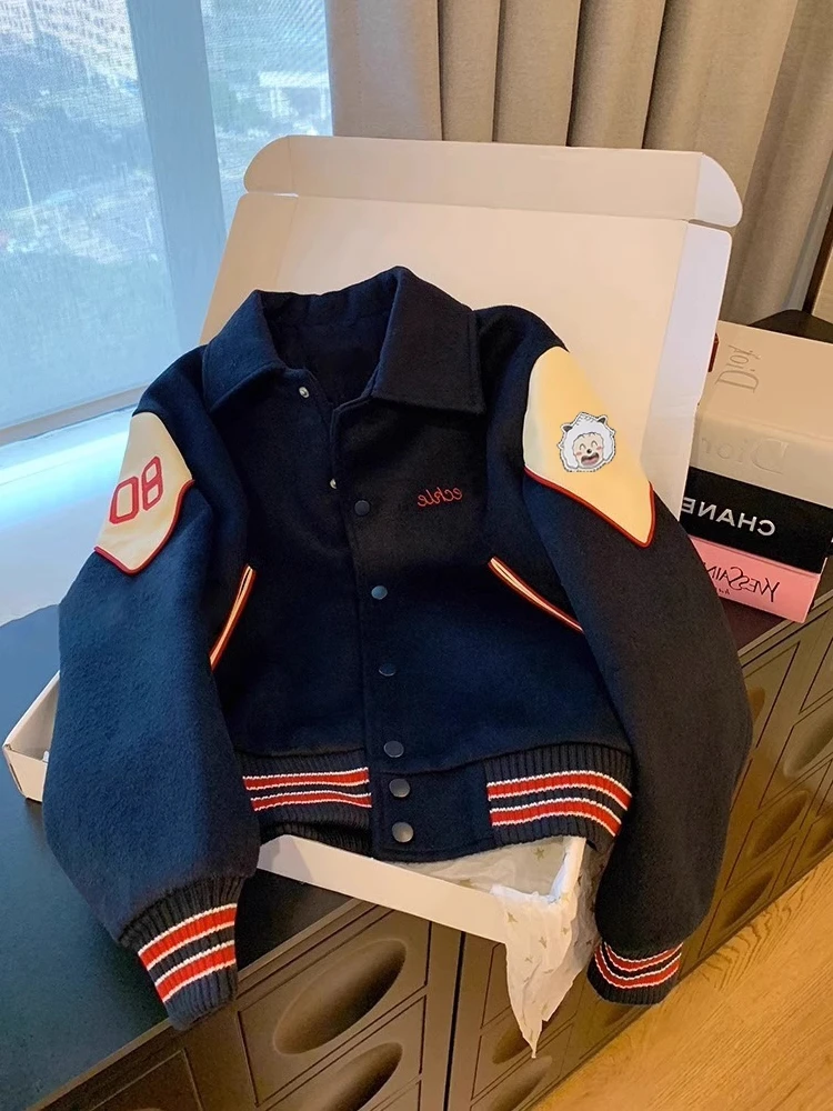 

Korean College Sle Retro Color Blo Collar Jaet Casual ex Spring Autumn Trendy Streetwear Baseball orm