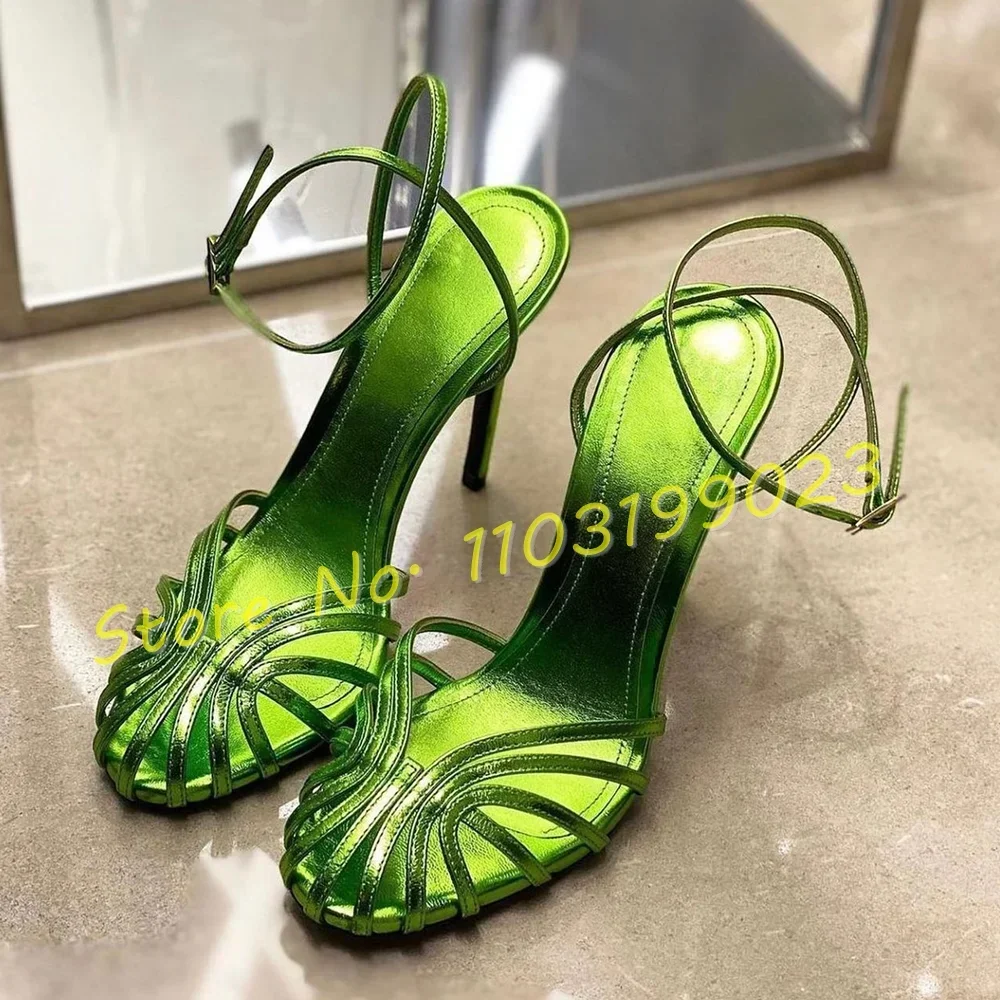 

Cross Strap High Heels Sandals Women Luxury Caged Round Toe Ankle Strap Shoes Female Party Shiny Leather Sexy Elegant Sandals