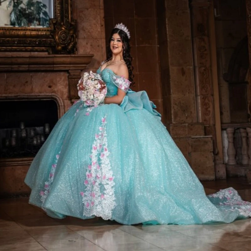 

Blue Shiny Quinceanera Dresses Off The Shoulder Applique Beads Bow Tull Corset Party Birthday Sweet 16 Dress Vestidos 15 De Anos