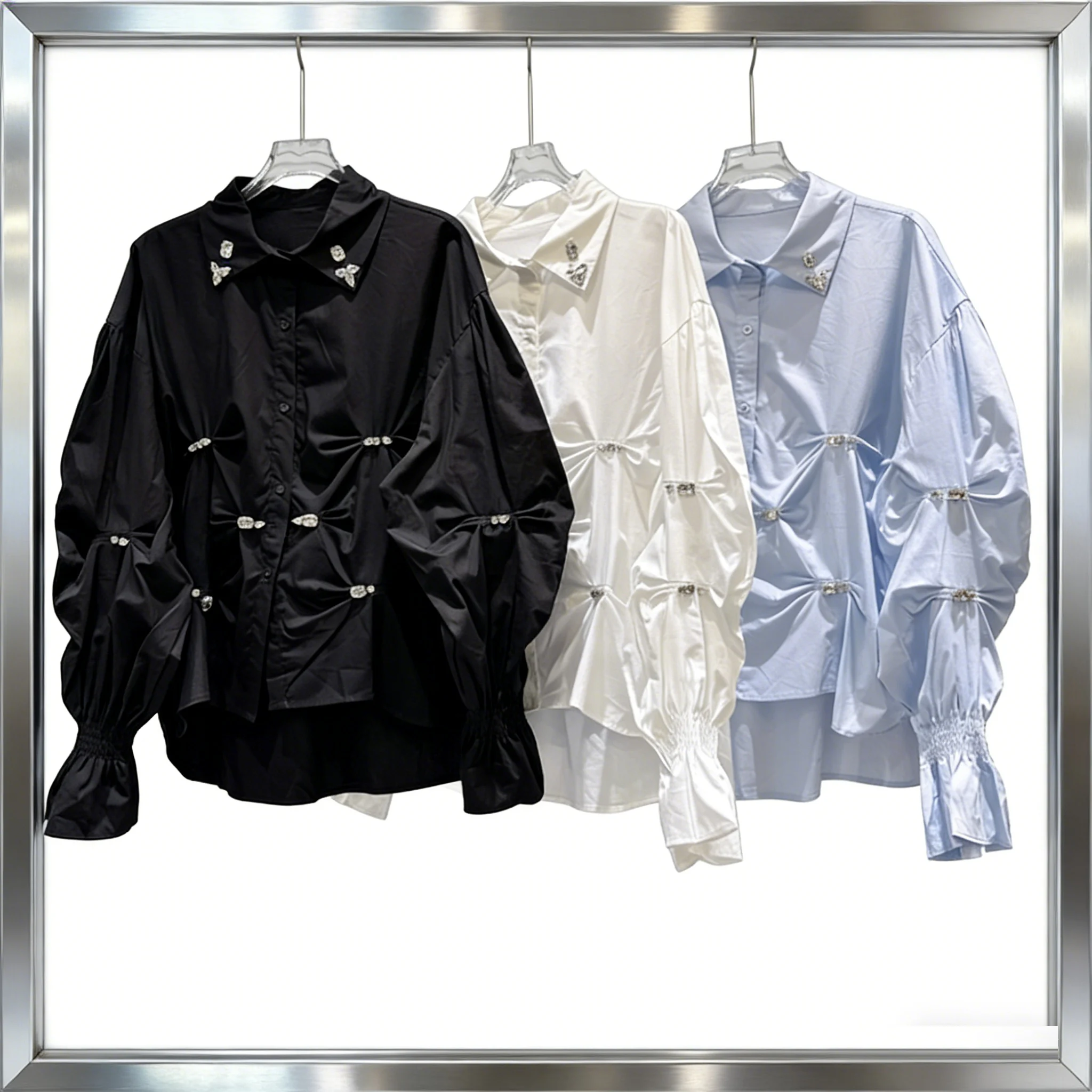 

Winter Fashion Rhinestone Embellished Oversized Blouse with Pleated Lantern Sleeves