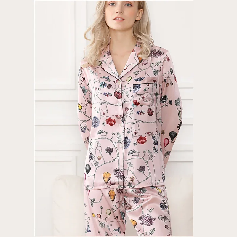 

Luxury 100% Mulberry Silk Pajama Sets Women Elegant Long Sleeve Pyjamas Mujer Printed Natural Silk Sexy Women Casual Sleepwear