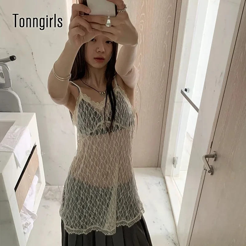 Tonngirls Korean Style Dresses Women Sleeveless Lace See Through Y2k Vintage Dresses Camis Long Streetwear 2000s Dresses Autumn