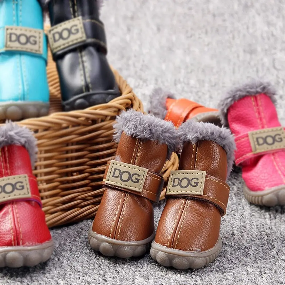 Soft Pet Snow Boots Fashion Waterproof Non Slip Winter Pet Dog Shoes Plush/PU Warm for 4Pcs/Set Winter