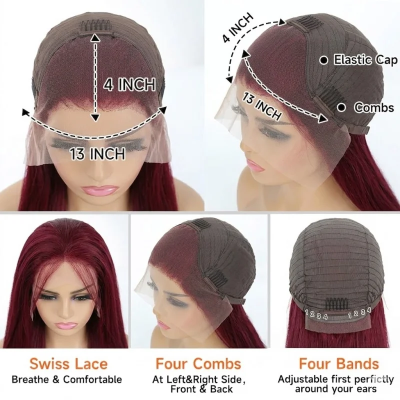 26 Inch Burgundy Body Wave 13×4 Lace Front Wig, Soft Glossy Loose Curls, Invisible Lace, Natural Pre-Plucked Hairline For Party
