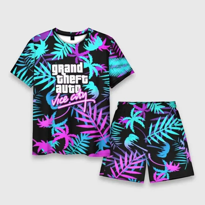 

Newest Summer Beach Men's Shorts Set 3D Grand Theft Auto Vice City Print Game GTA T-Shirt Shorts 2 Pcs Suits Oversized Tracksuit