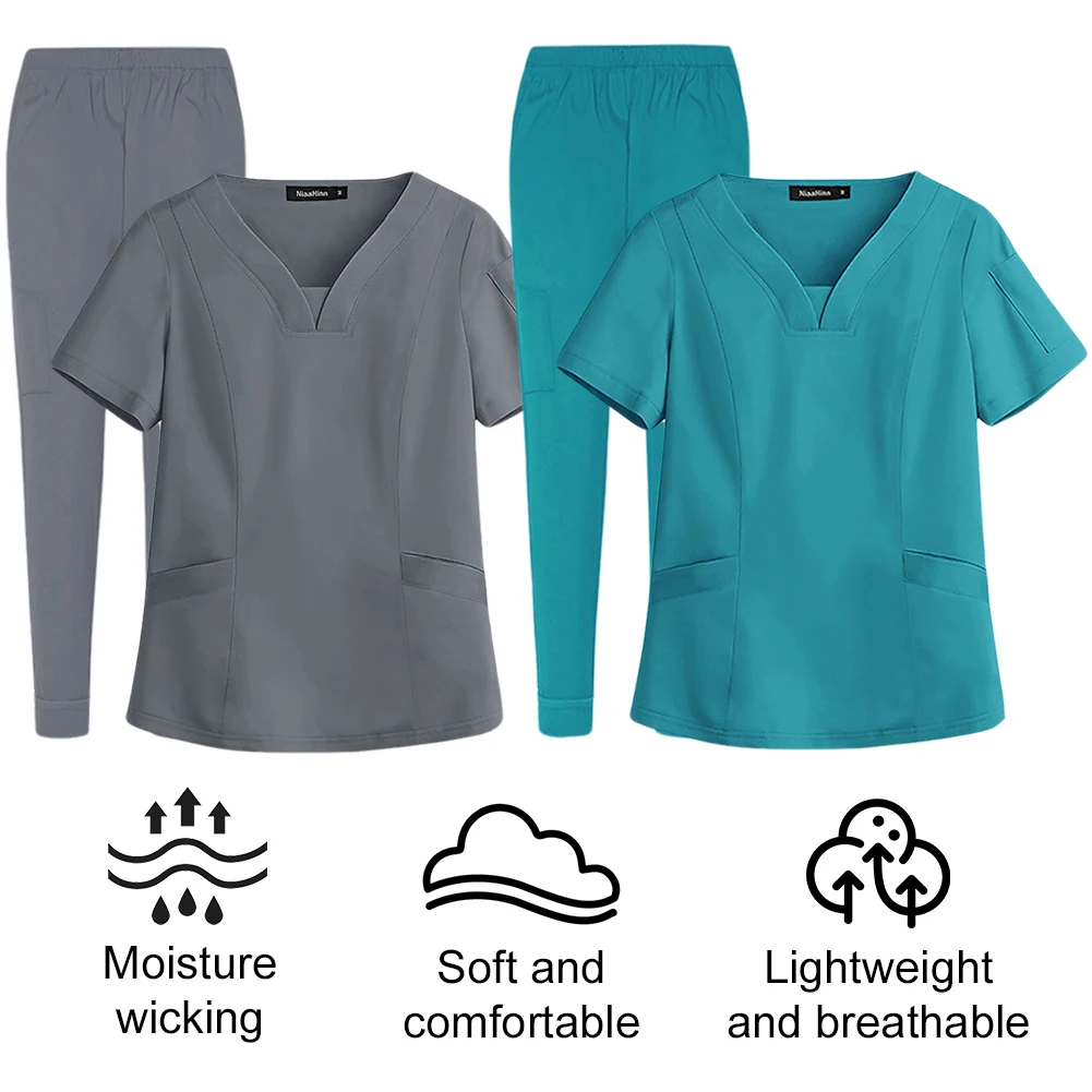 

Unisex Medical Nurse Beauty Salon Workwear V-Neck Medical Scrubs Top and Pants Hospital Surgical Work Clothes for Women and Men