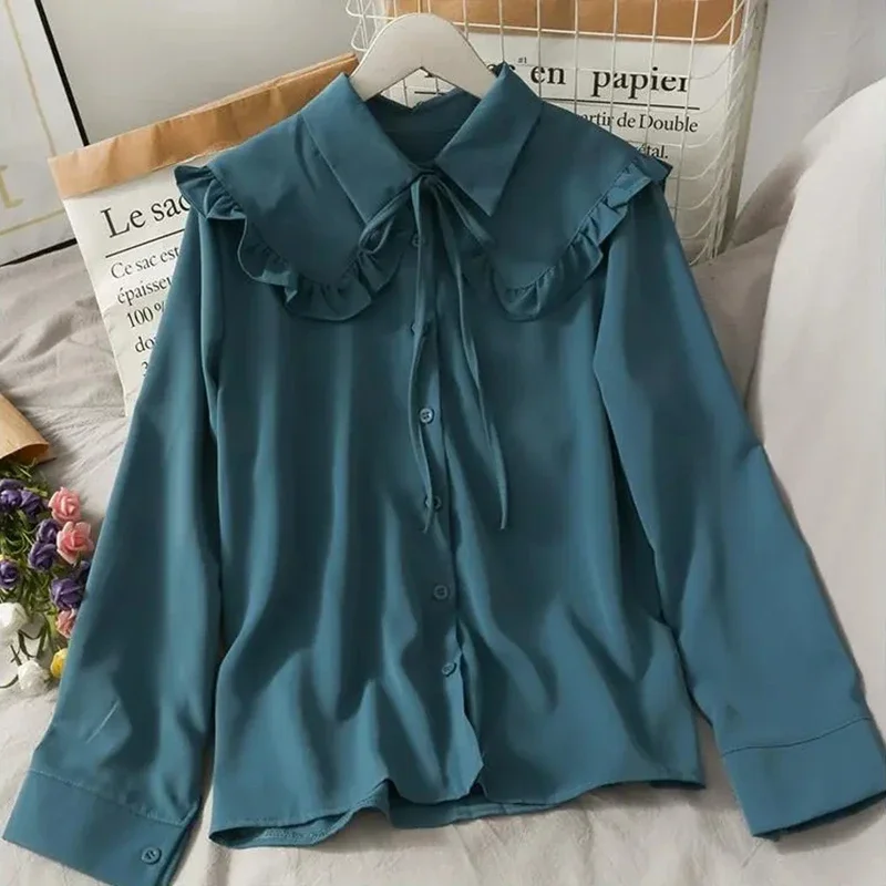 Spring Vintage Women Chiffon Shirts Korean Fashion Lace Up Loose Blouses Y2K Elegant Office Ladies Long Sleeve Outwear Tops New