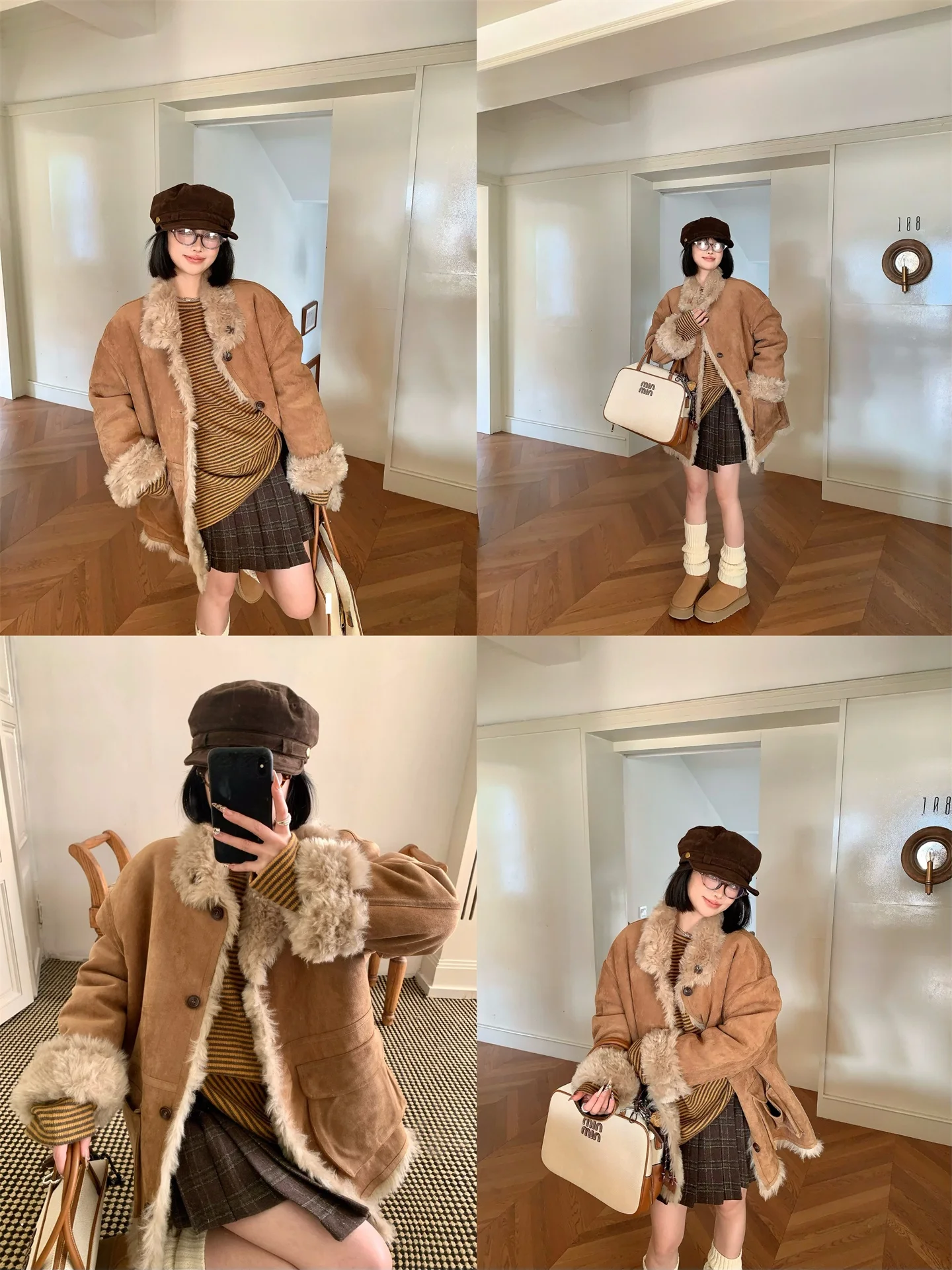 Dubbelzijdig te dragen suède jas Dames casual winterjas van leer met geïntegreerd bont, warme, dikke, lange mouwen, middellange jas