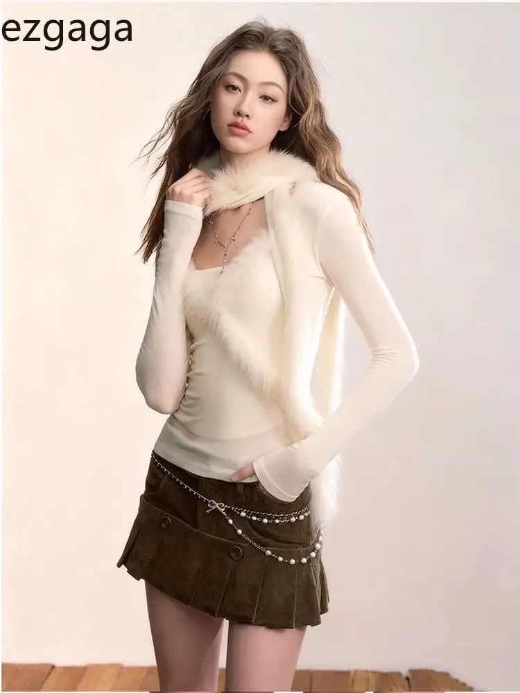 

Ezgaga T Shirts Women Sexy Furry Patchwork V Neck Slim Long Sleeve Elegant Basic Y2k Tops Autumn Winter Fashion Casual Ladies