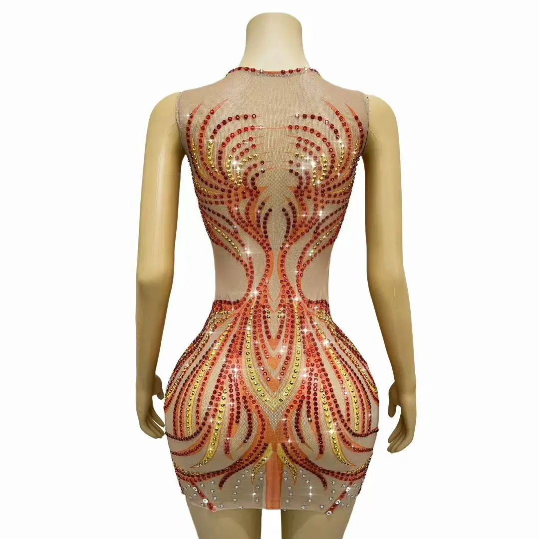 Women Sparkly Rhinestones Mesh Mini Dress Transparent Sleeveless Bodycon Evening Club Party Short Dress Sexy Cocktail Stage Wear view 4