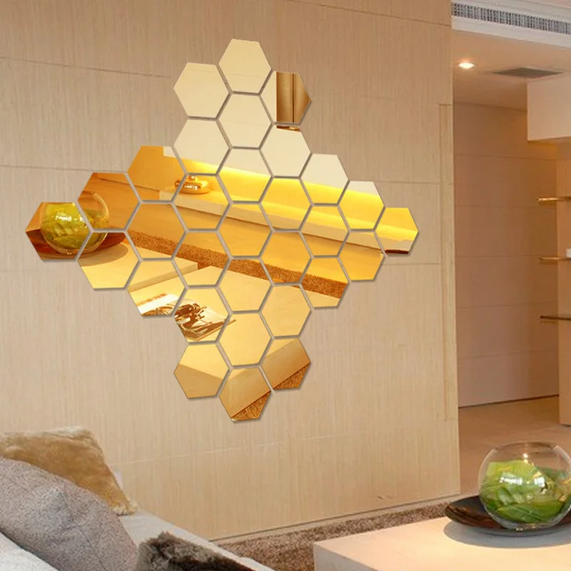 12pcs Geometric Hexagon Mirror Wall Sticker DIY Home Decor Wall Art Sticker Household Decorative Tiles Sticker Gold Silver