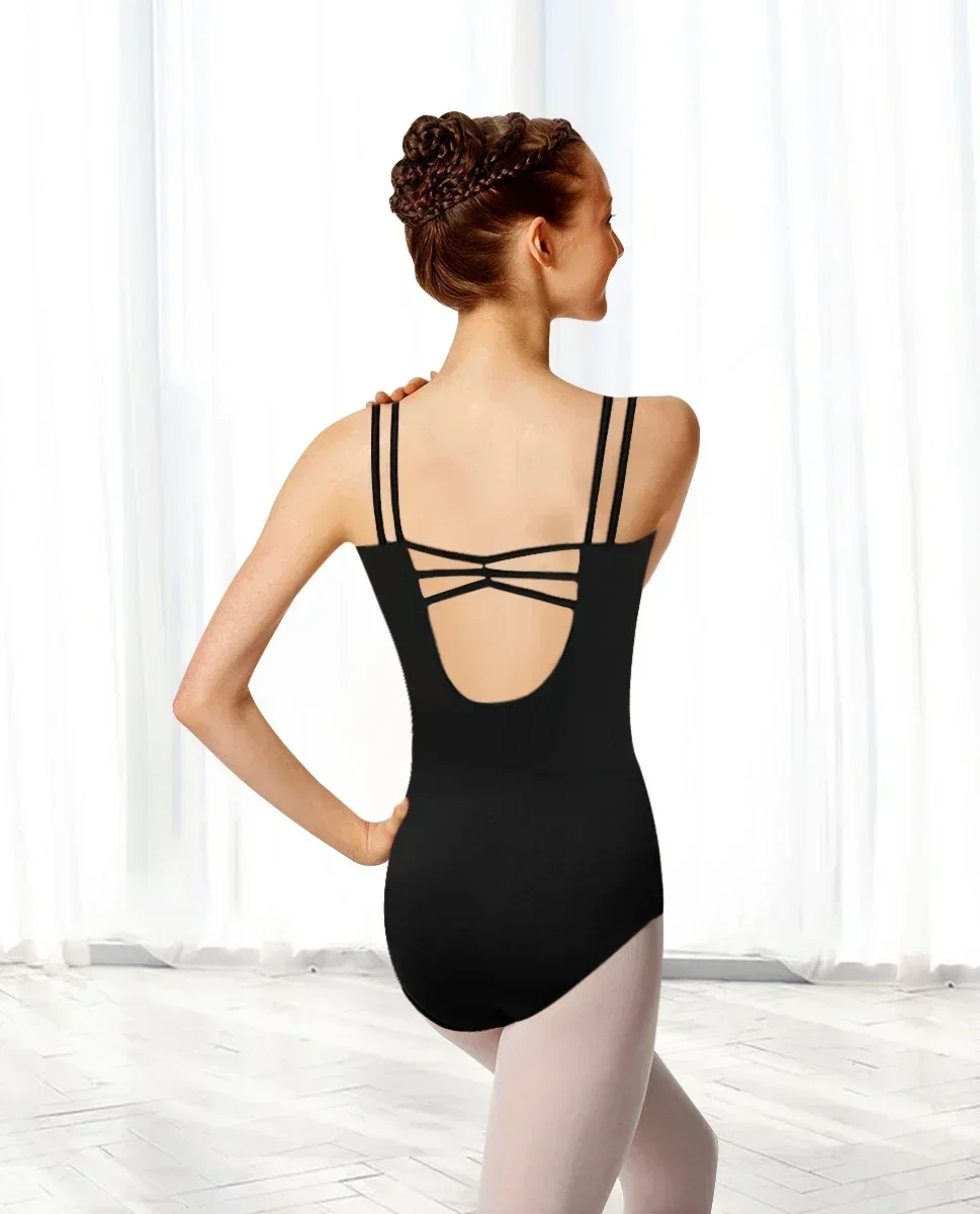 女性バレエレース半袖ダンスレオタードタンク、中空バックダンスウェア