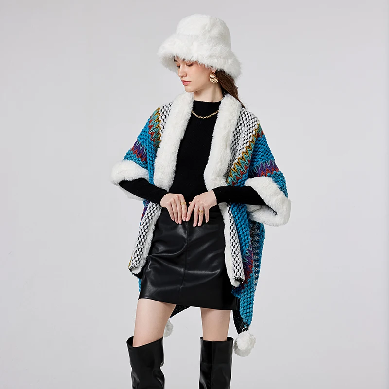 2023 New Autumn Winter Women Half Sleeve Loose Cloak Coat Fashion Plush Patchwork Contrast Color Knitted Cardigan Cloak Cape