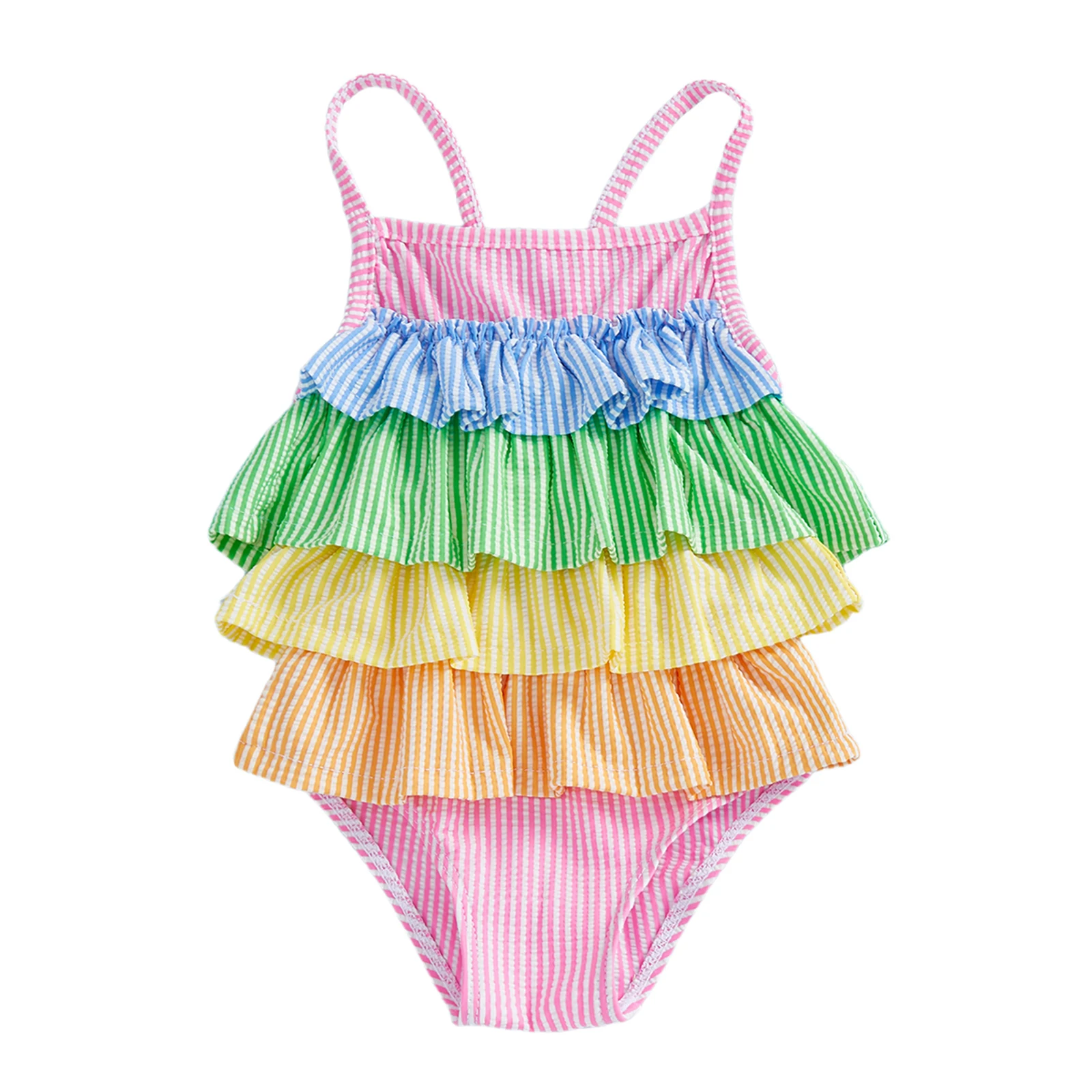 

Little Girls Summer Cami Romper Swimsuit Sleeveless Tiered Striped Plaid Swimwear