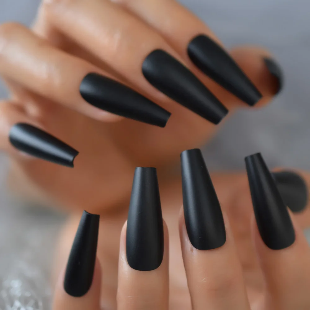 Solid Black Super Long Fake Nail Coffin Matte Press on Nails Frosted Ballerina Acryl Falsche Nägel Tipps Cosplay Party Salon Lady