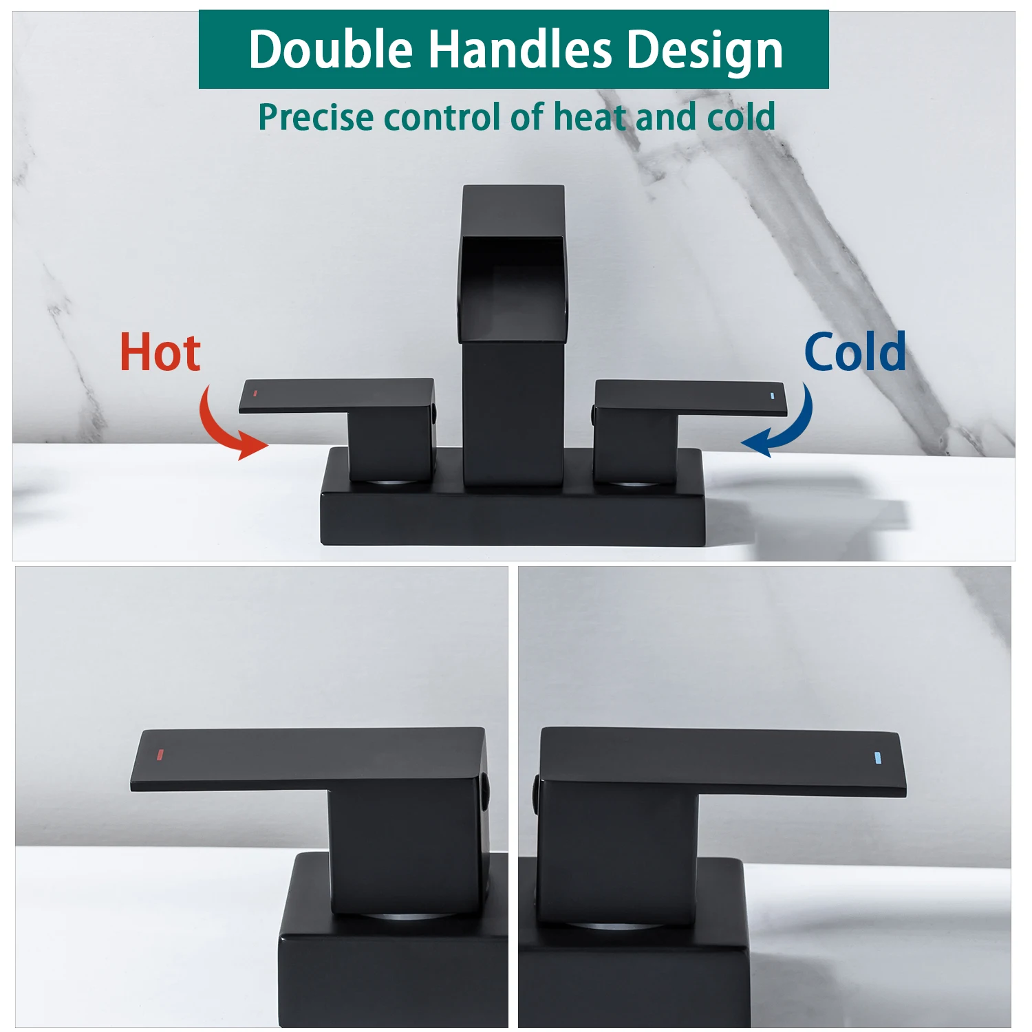 Grifo de lavabo de baño en cascada de 4 pulgadas, grifo de lavabo de tres orificios montado en cubierta, grifo de lavabo de tocador de doble manija, color negro