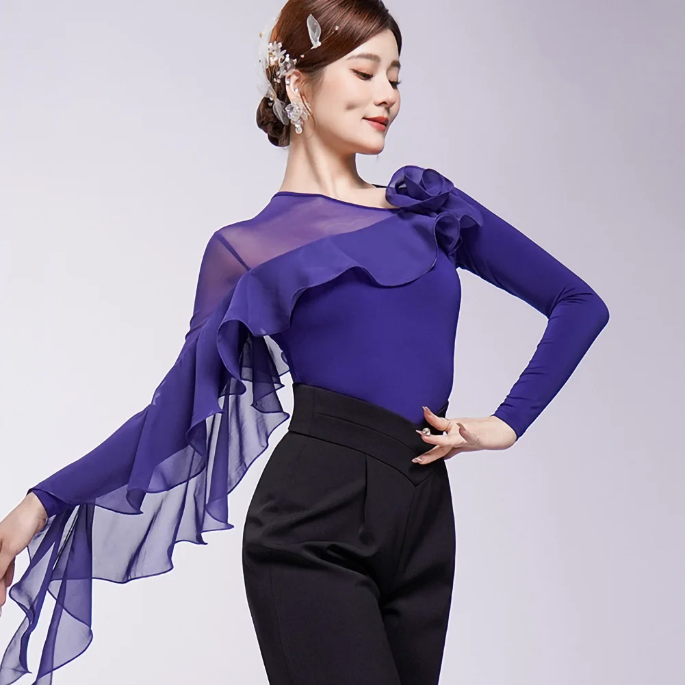 Haut de danse moderne pour femmes, bleu, nouveau châle à volants, GB, noir, pivoine, violet, valse, Biyu, bleu, haut de danse de haute qualité