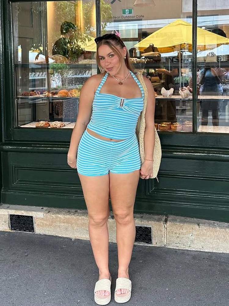 Cutenew Stricken Gestreiften Frauen 2-teiliges Set Mode Getäfelten Halter Backless Schnalle Tanks + Elastische Passende Shorts Weibliche Süße anzüge