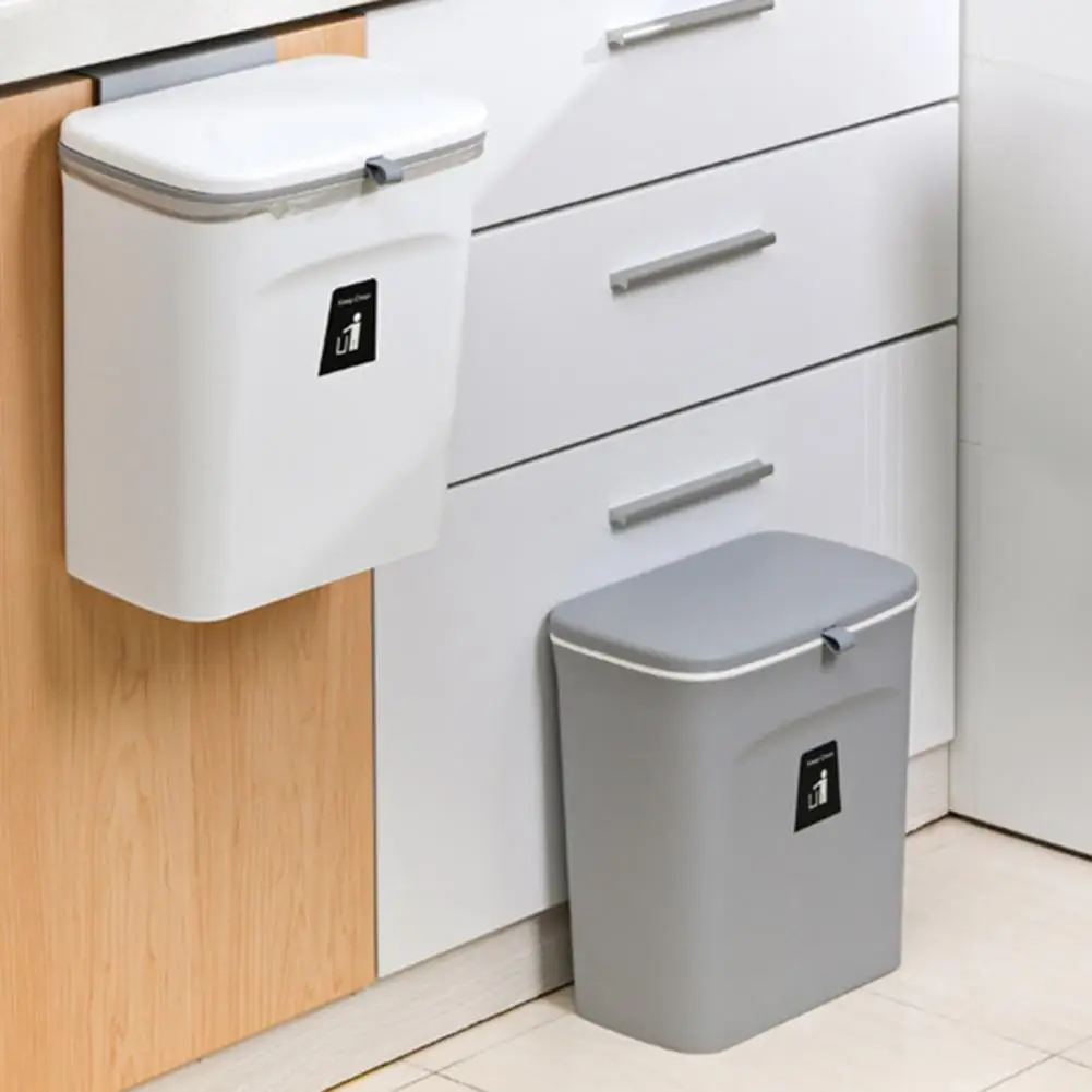 7/9L Trash Can Wall-mounted Sliding Cover Space-saving Dust Case Traceless Kitchen Waste Bin Storage Bucket Home Improvement