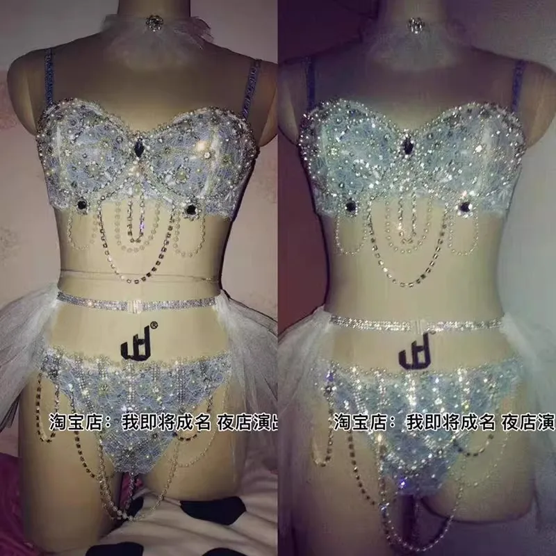 تخصيص الكهربائية ميلودي المغني DjDs الرقص الشرقي أداء اللباس الأزرق الدانتيل المياه الماس اللؤلؤ مثير الملابس الداخلية الصدرية تنورة قصيرة