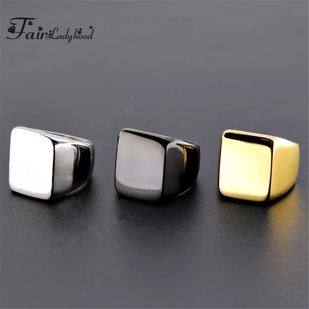 FairLadyHood Punk Men Ring Square Big Width Signet Rings Fashion Male Black Finger Ring Stainless Steel Jewelry