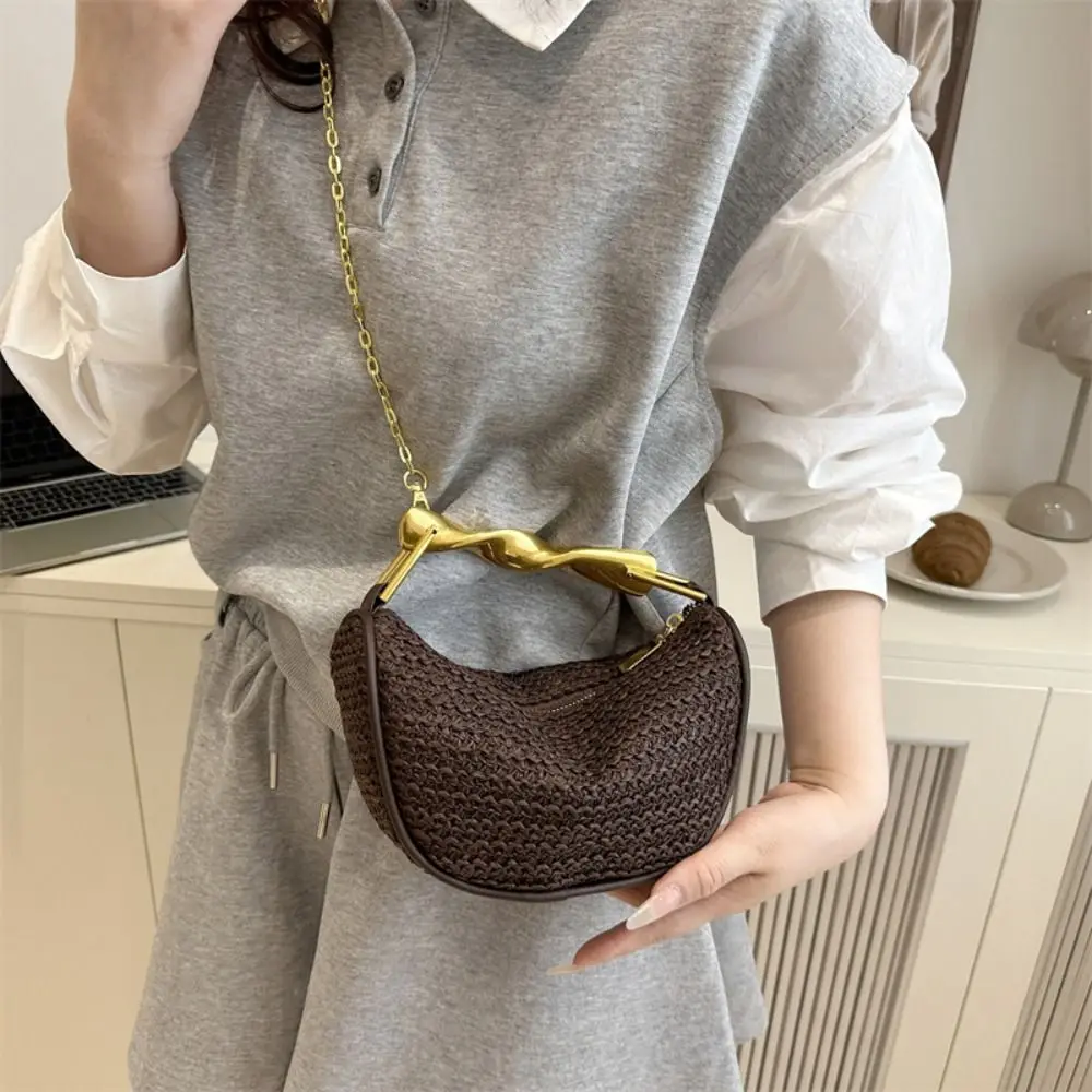 Bohemian Half-Moon Weave Bag Hollowed Out Large Capacity Straw Shoulder Bag Handbag Gold Handle Chain Crossbody Bag