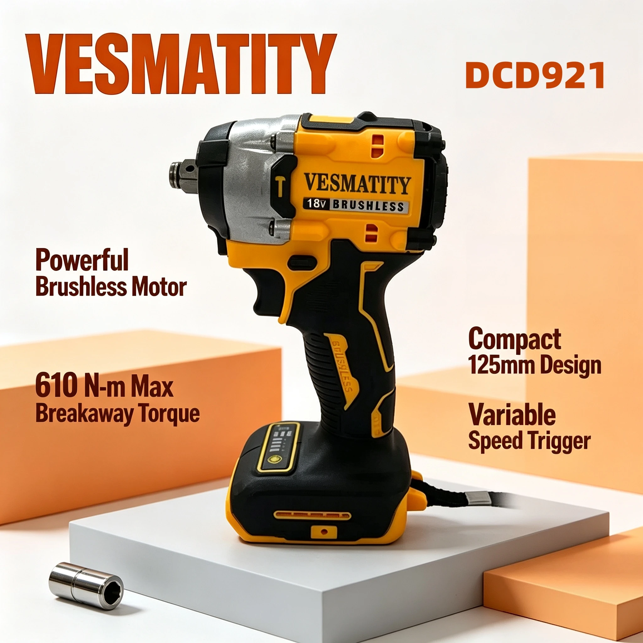 Vesmatity Brushless DCD921 Impact Wrench 610Nm 2500RPM Cordless 12 Square Drive for  Battery Power Core Unit