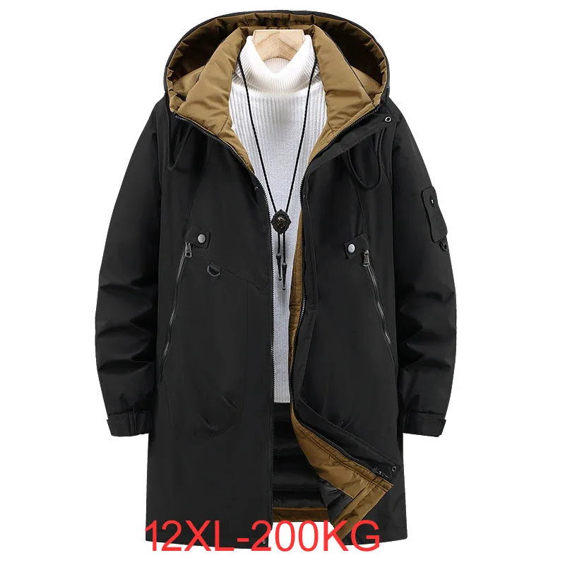 Men\'s winter plus size mid long down jacket new trendy chubby warm hooded casual thick winter jacket 11XL 12XL 200KG