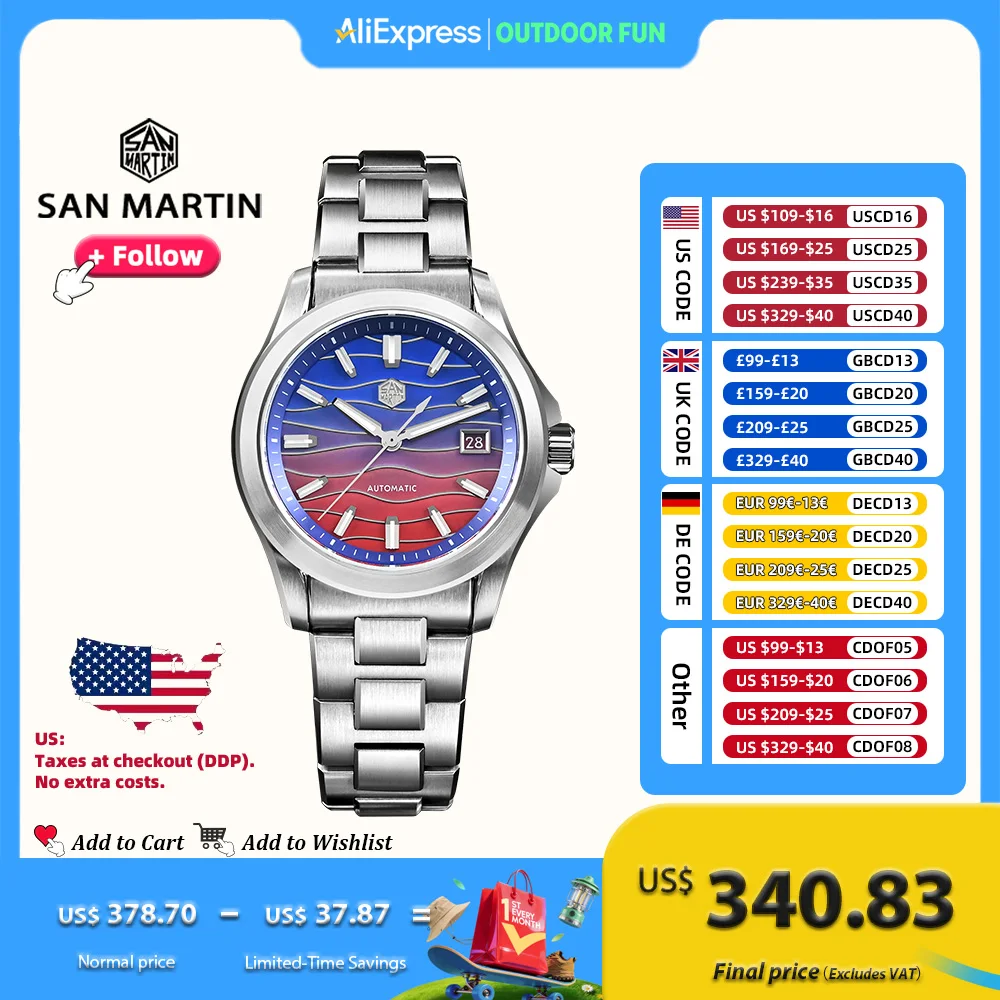 

San Martin 39 мм Роскошные мужские часы Miyota 9015 Автоматические механические часы Сращивание швабры Циферблат 100 м Водонепроницаемые подарки для пар SN0150