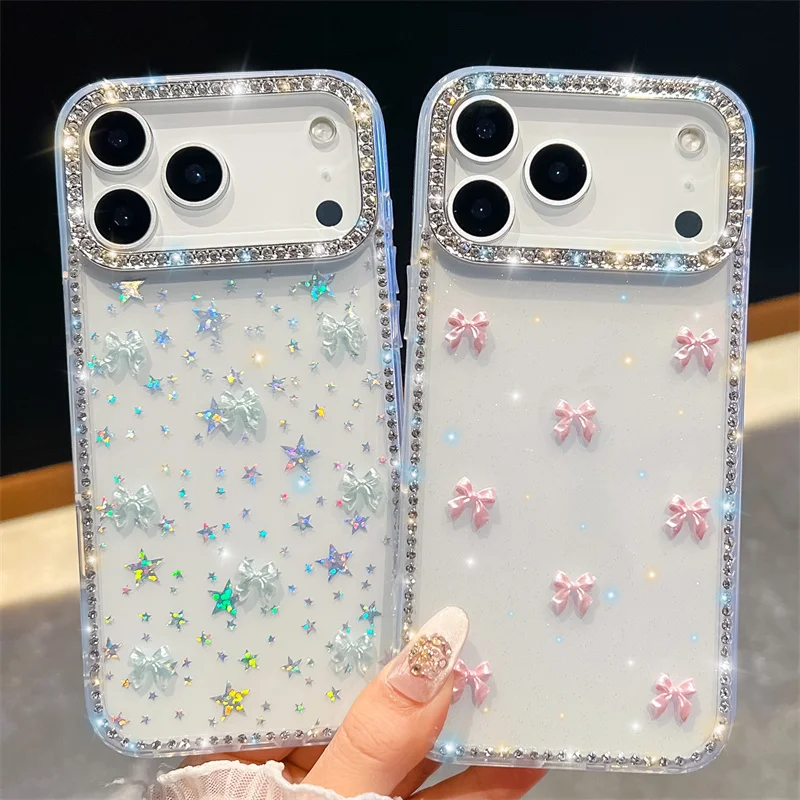 

Diamond frame Glitter transparency Phone Case For iphone 17Air 16 Plus 15 14 13 pro max 16e 16promax 15pro bowknot Cute pattern