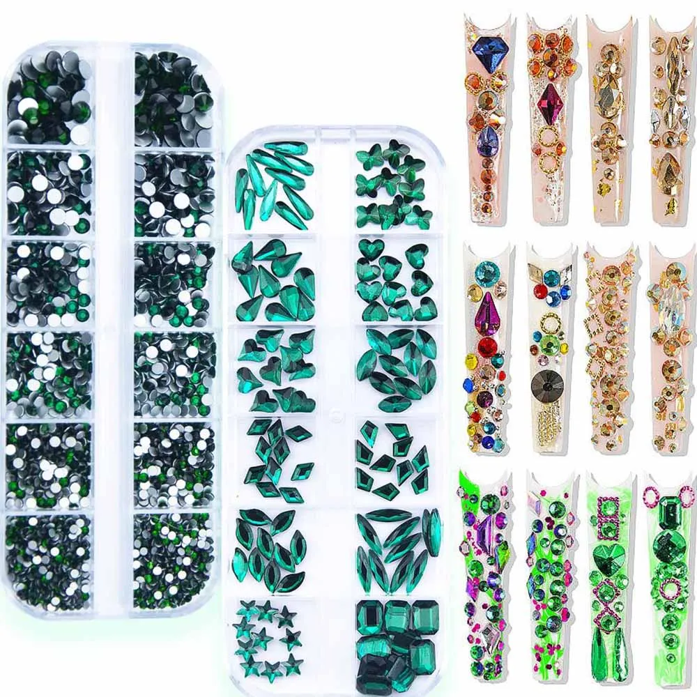 เพชรตกแต่งเล็บ 12Grid 3D สไตล์เรโทร สีเขียว ขนาดผสม รูปทรงกลม สี่เหลี่ยม ใส แบบกระจก สำหรับตกแต่งเล็บลายหัวใจ ดาว และคริสตัล