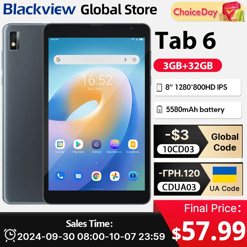 

Blackview Tab 6 Tablet 8'' HD Display Unisoc T310 3GB 32GB 3G 3.5mm jack 5580mAh Battery WiFi 5MP Camera Android 11 Pad PC