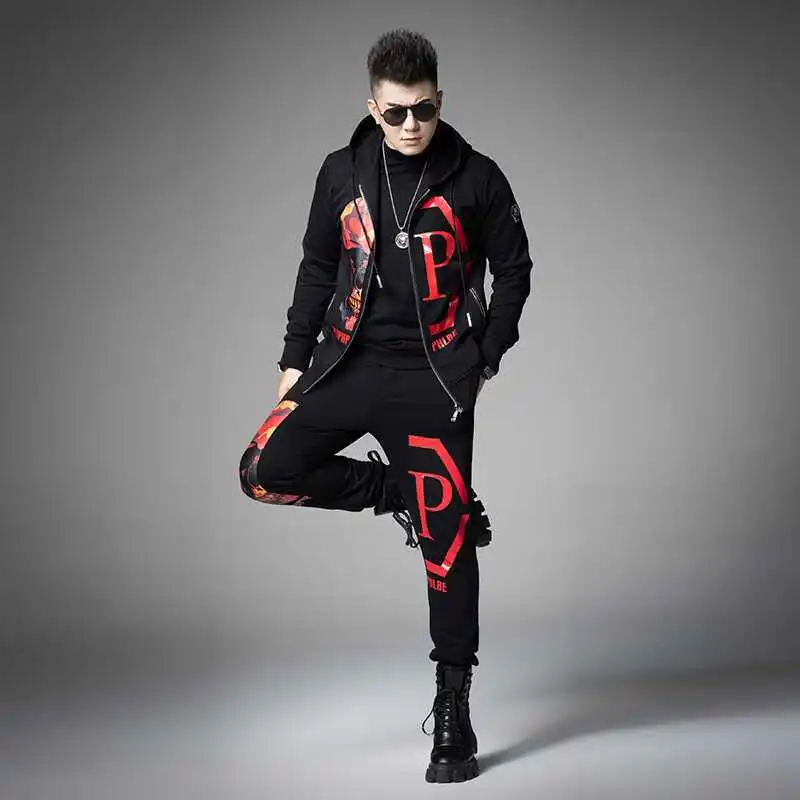 2024 Mens Two Piece Sets Fashion Streetwear Casual Winter Suits Skull Pattern Hooded Black Tracksuit Men Clothes Ropa De Hombre