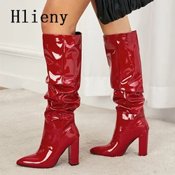 Hlieny New Women Over-the-Knee Boots Punk Square High Heels Female Winter Shoes Pleated Design Pointed Toe Lady Long Booties