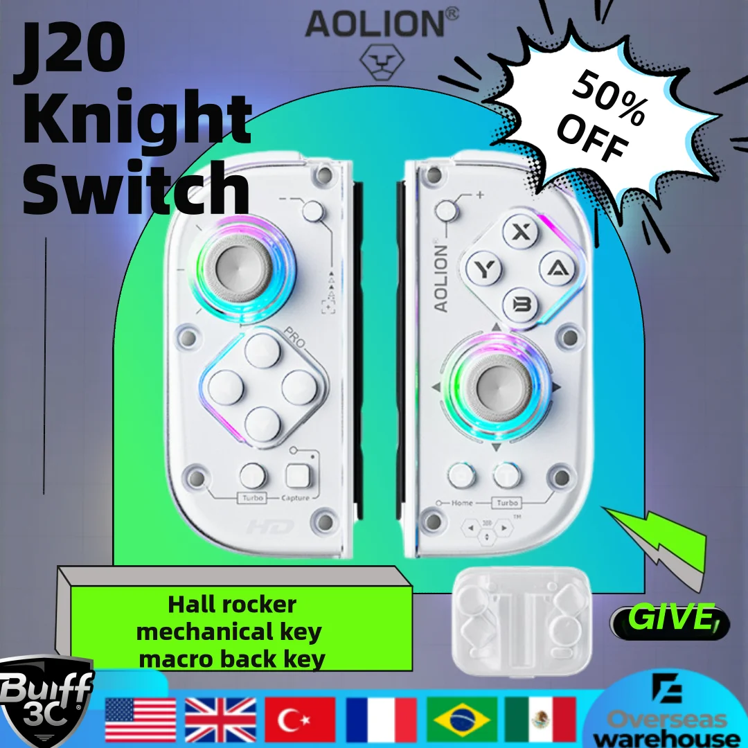 

Aolion New j20 For Switch 2 RGB Wireless Knight Left and Right Controller Hall Joystick Gamepad With Charging Grip