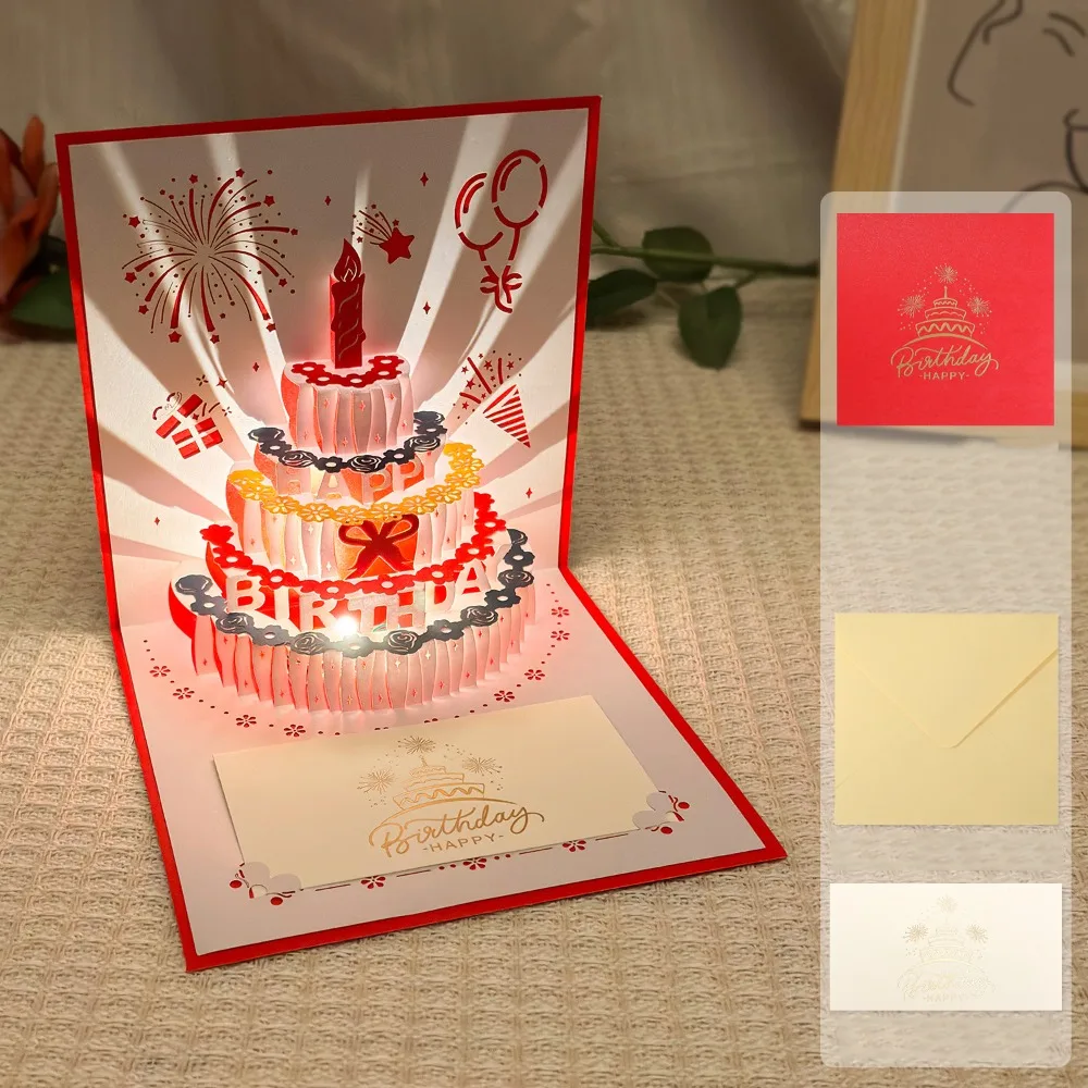 

Happy Birthday 3D Music Glowing Cards Music Light Pop Up Glowing Cake Blessing Card Foldable with Envelope Birthday Cards