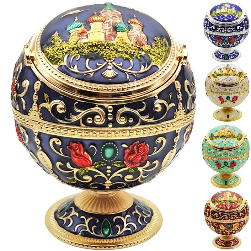 

NEW Windproof Ashtray with Lid Alloy Art Craft Round Ball Stamped Pattern Ashtray for Home living Room Tea Room Table Decoration