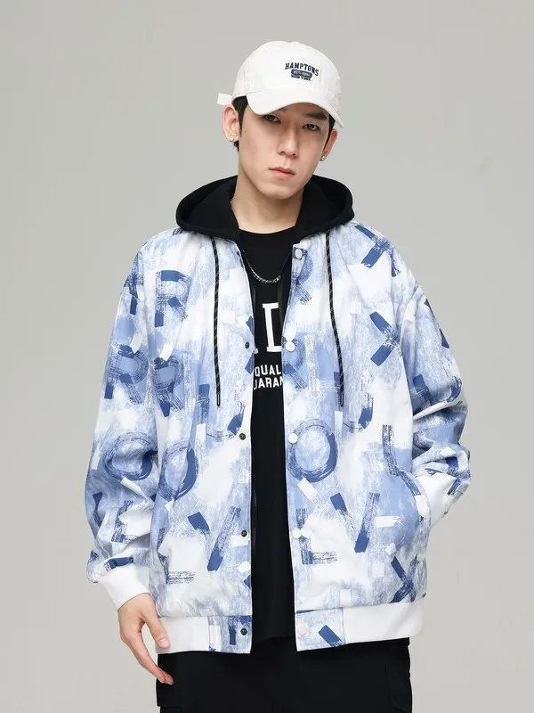 

Подростковая куртка с капюшоном для мальчиков, имитация двухслойности, с буквенным принтом, в американском уличном стиле, весна-осень, модная, из полиэстера, повседневная одежда