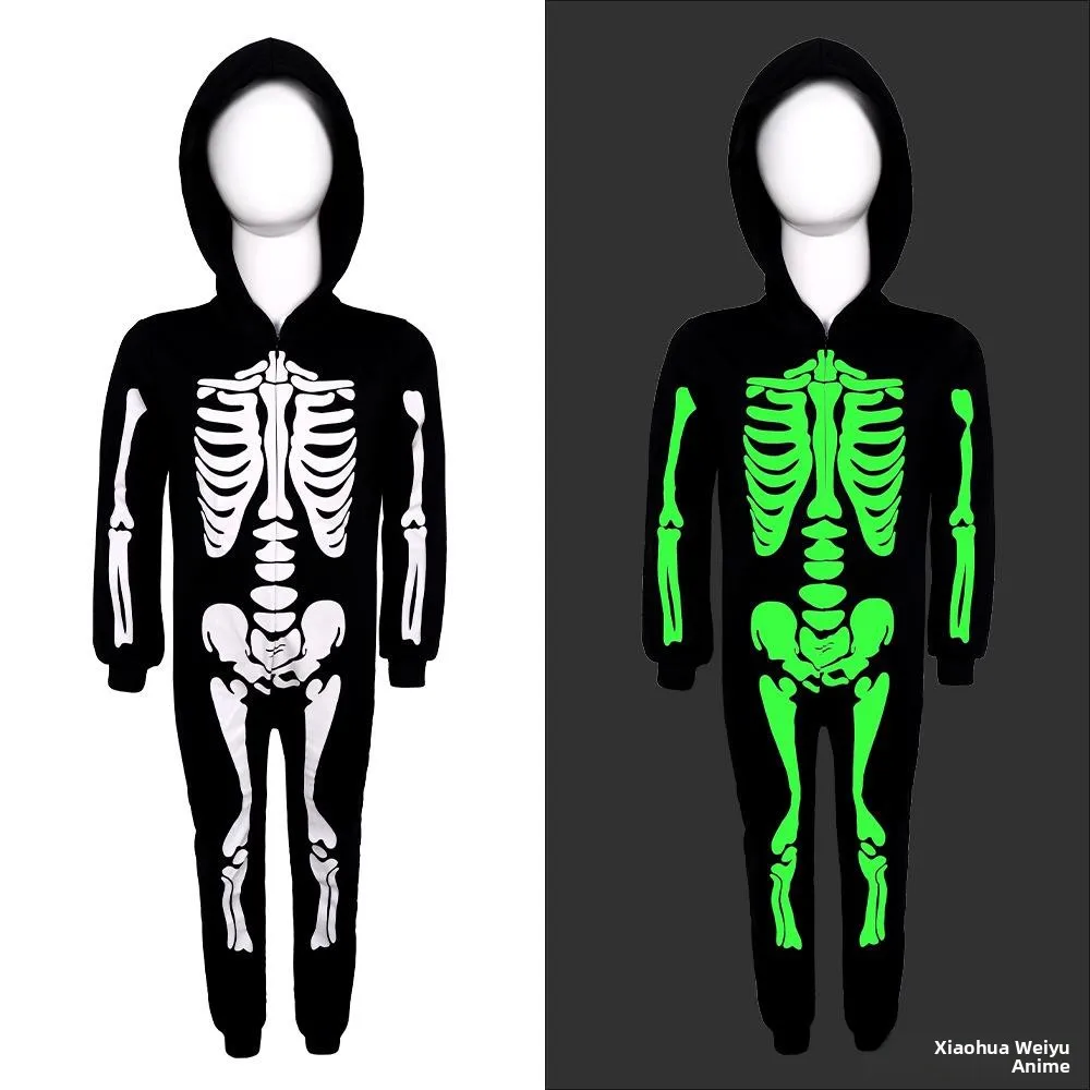 زي الهيكل العظمي المضيء للأطفال مرحلة الأداء حفلة تنكرية الكرة قطعة واحدة دعوى لحدث الهالوين عبر الحدود