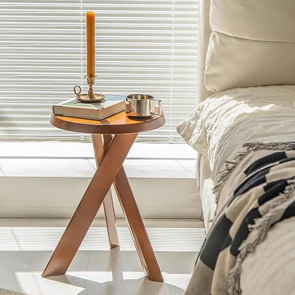 Round Coffee Table, Solid Wood End Table Center Cafe Table Rustic Sofa Side Table With Stable Crossed Triangle Legs