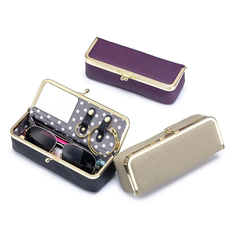 

Genuine Leather Sunglasses Case with Kiss-Lock Closure, Eyeglass Holder with Built-in Mirror & Jewelry Hooks,women Makeup Bag