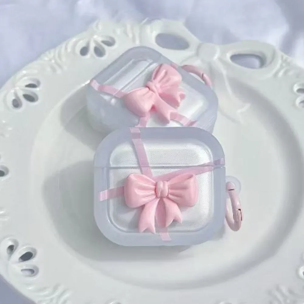 เคสหูฟังสีชมพูรูปโบว์สำหรับ AirPods 4 3 2 1 เคสไร้สายสำหรับ AirPods Pro2 รุ่นเคสหูฟังบลูทูธพร้อมพวงกุญแจ