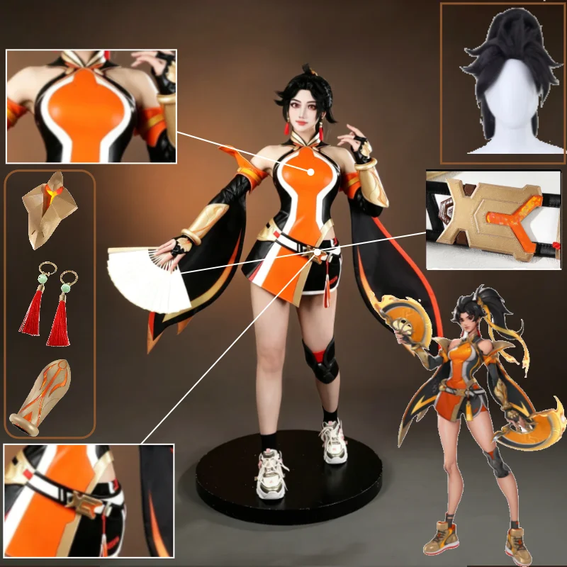 Disfraz de Cosplay de OW Anran, Héroe Chino del Fuego, Conjunto Completo Naranja y Negro con Peluca, Obi de Cuero Negro, Traje de Halloween para Mujer