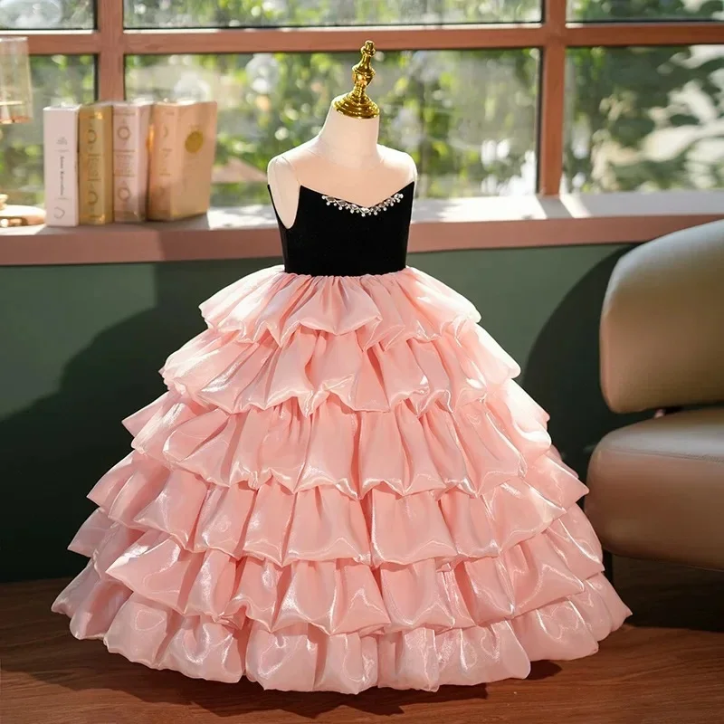 

Customized Princess Flower Girl Dresses For Wedding Layered Satin Sleeveless Floor Length Birthday Party First Communion Gown