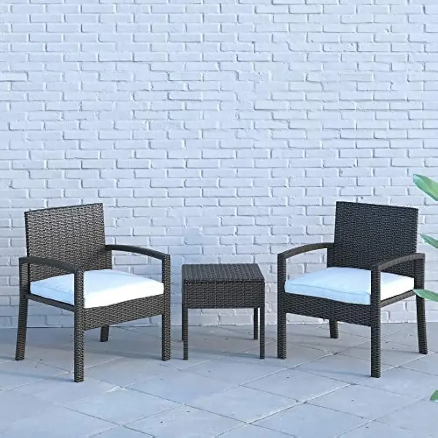 

3 Piece Set Mocha All Weather Wicker Include Khaki Cushions Lightweight Durable Armchairs & Occasional Table Outdoor Seating