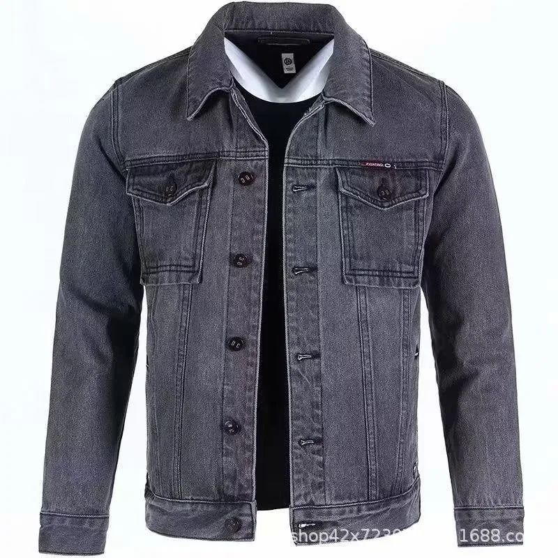 

Denim Jacket Men's Clothing Black and Grey Casual Trendy Single Breasted Top Autumn New Long Sleeves Lapels Spliced Men Coats