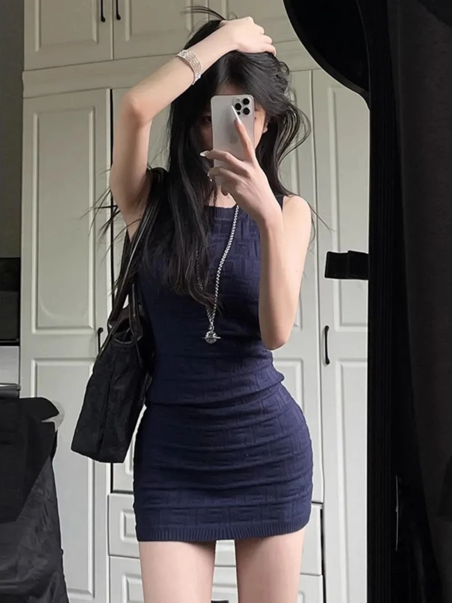 Sexy Pure Desire Spicy Girl Vest Skirt Women Summer Dark Blue Slim Fit Bodycon Knitted Short Dress High Waist Polyester Blend