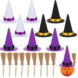 Mini sombreros de bruja de fieltro y Mini escoba, decoraciones de Halloween, Topper de botella de vino, manualidades DIY, suministros para fiestas de Cosplay, 10 piezas
