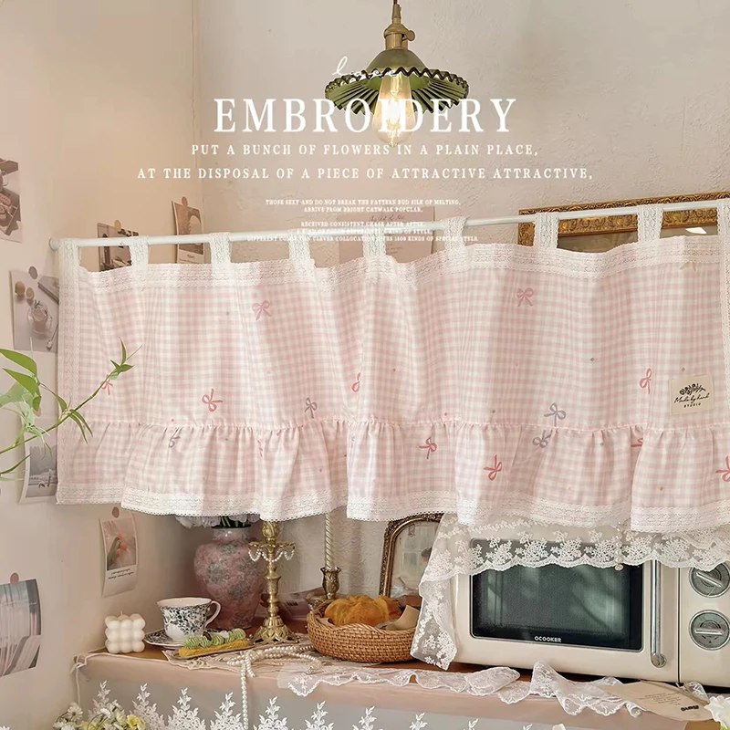 Korean Sweet Pink Lace Short Curtains for Kitchen Tab Top Plaid Half Curtains Bow Window Valance Cotton Curtain #A629