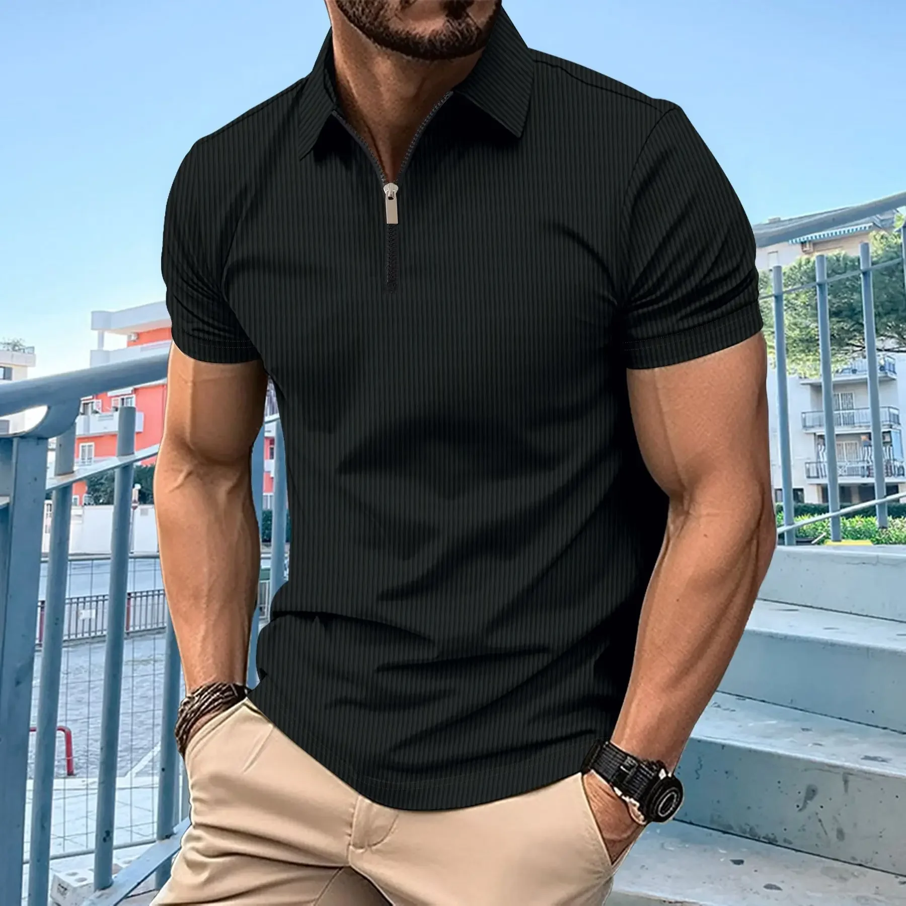 High Quality Summer Men's Fashion Casual Solid Color Zip-up POLO Shirt Slim Casual Business Short Sleeve Lapel T-shirt S-3XL